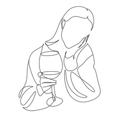 Woman with wine glass line draw. Drawing with one continuous line. Linear glamor logo in a minimalistic style for a wine label.