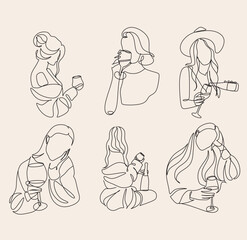 Girl drinks wine or champagne from a glass. Linear silhouette of a woman with a glass goblet. Drawing in one continuous line. Linear glamour logo in minimal for wine label.