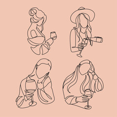 Girl drinks wine or champagne from a glass. Linear silhouette of a woman with a glass goblet. Drawing in one continuous line. Linear glamour logo in minimal for wine label.