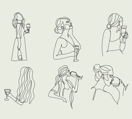 Girl drinks wine or champagne from a glass. Linear silhouette of a woman with a glass goblet. Drawing in one continuous line. Linear glamour logo in minimal for wine label.
