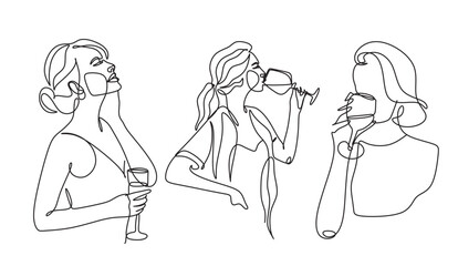 Girl drinks wine or champagne from a glass. Linear silhouette of a woman with a glass goblet. Drawing in one continuous line. Linear glamour logo in minimal for wine label.