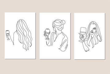 Set of 3 art poster of Woman with wine glass line art. Girl drinks wine or champagne from a glass. Linear silhouette of a woman with a glass goblet. Drawing in one continuous line. Minimalist logo