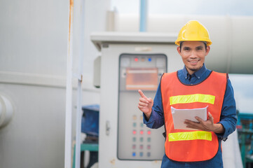 Asian man worker standing at machine in factory, Engineer factory concept