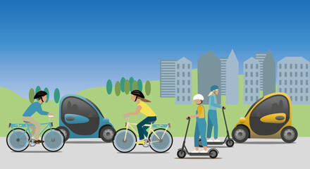Urban sustainable environment with humans using electrified transport. Electric vehicles,  scooters,  bikes and cars. 