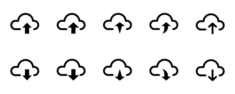 Conjunto de icono nube de cargar y descargar. Nube con icono de flecha. Base de datos y almacenamiento en la red. Ilustraci&oacute;n vectorial