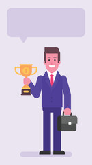 Businessman holding suitcase and golden cup