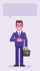 Businessman holding suitcase and keeping his hand on his chest