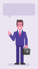 Businessman holding suitcase and pointing finger at