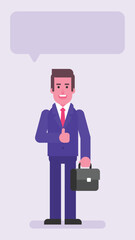 Businessman holding suitcase and showing thumbs up