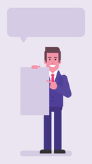 Businessman pointing finger at blank sign and smiles