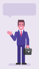 Businessman holding suitcase and waving his hand