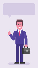 Businessman showing thumbs up and holding suitcase