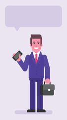 Businessman holding suitcase and mobile phone