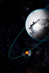 Photo artwork minimal picture of disco ball planet flying vinyl plate satellite isolated drawing...