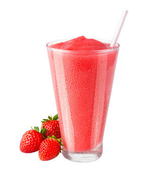 Cold Blended Strawberry Smoothie or Shake with Garnish of Fresh Berries in Glass with Straw on Transparent Background