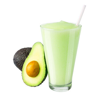 Cold Blended Avocado Shake or Smoothie with Garnish of Fresh Avocado in Glass with Straw on Transparent Background