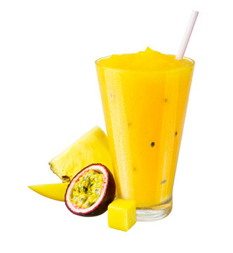 Cold Blended Passion Fruit Pineapple Mango Smoothie with Garnish of Fresh Tropical Fruit in Glass with Straw on Transparent Background