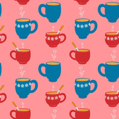 Winter seamless pattern with colorful cups with hot drink. Merry Christmas. Holiday banner design. Cooking background. Seamless pattern. Christmas background.