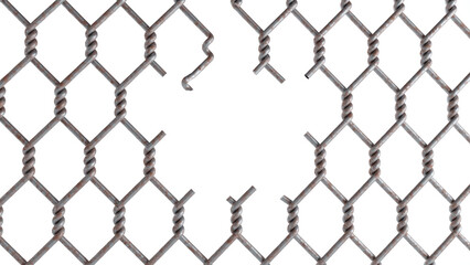 3D render of old Opening in metallic fence isolated on white, steel grid or net with hole, Broken wire fence