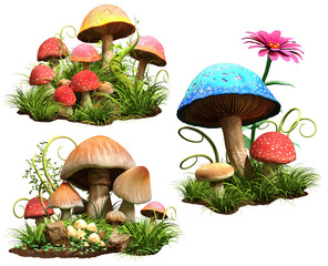 Fantasy mushrooms groups 3D illustrations