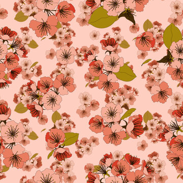 Seamless pattern of blossom flowers in bright colors on pink background. Illustration for textile, wallpapers, wrapping paper. © Eireen Bel