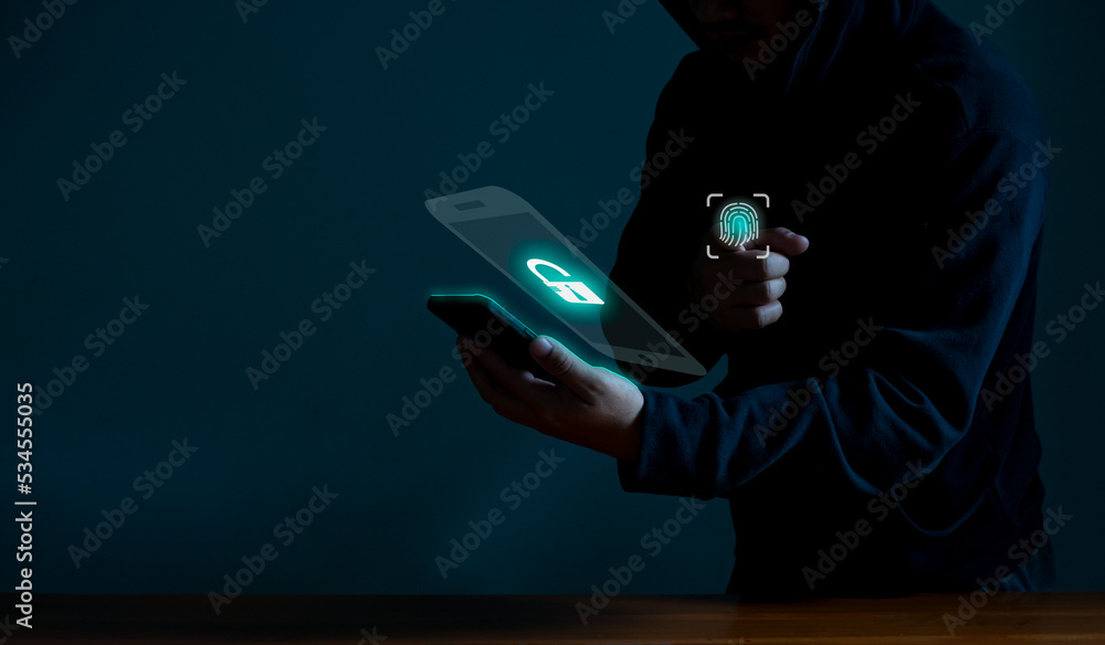 Poster hackers spy on cell phones. concept of information security system in internet network and informati
