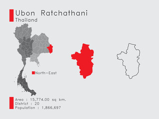 Fototapeta na wymiar Ubon Ratchathani Position in Thailand A Set of Infographic Elements for the Province. and Area District Population and Outline. Vector with Gray Background.