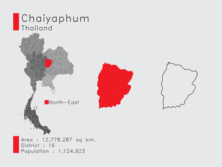 Fototapeta premium Chaiyaphum Position in Thailand A Set of Infographic Elements for the Province. and Area District Population and Outline. Vector with Gray Background.