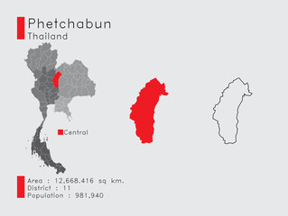 Fototapeta na wymiar Phetchabun Position in Thailand A Set of Infographic Elements for the Province. and Area District Population and Outline. Vector with Gray Background.