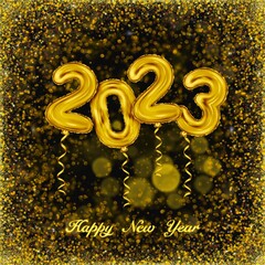 2023 3d Realistic golden, Foil Balloons on confetti gold on luxury black background. 3d rendering Merry Christmas and Happy New Year 2023 greeting banner. 