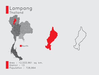 Lampang Position in Thailand A Set of Infographic Elements for the Province. and Area District Population and Outline. Vector with Gray Background.