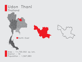 Udon Thani Position in Thailand A Set of Infographic Elements for the Province. and Area District Population and Outline. Vector with Gray Background.