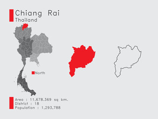 Chiang Rai Position in Thailand A Set of Infographic Elements for the Province. and Area District Population and Outline. Vector with Gray Background.