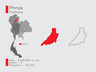 Phrae Position in Thailand A Set of Infographic Elements for the Province. and Area District Population and Outline. Vector with Gray Background.