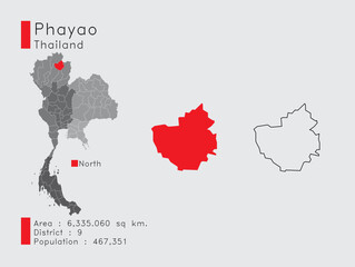 Phayao Position in Thailand A Set of Infographic Elements for the Province. and Area District Population and Outline. Vector with Gray Background.