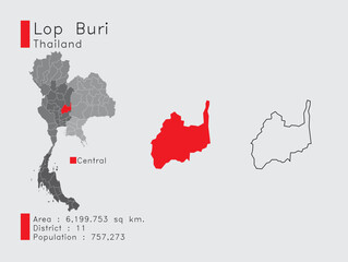 Lop Buri Position in Thailand A Set of Infographic Elements for the Province. and Area District Population and Outline. Vector with Gray Background. - obrazy, fototapety, plakaty
