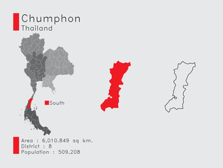 Chumphon Position in Thailand A Set of Infographic Elements for the Province. and Area District Population and Outline. Vector with Gray Background.