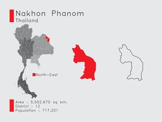 Nakhon Phanom Position in Thailand A Set of Infographic Elements for the Province. and Area District Population and Outline. Vector with Gray Background.
