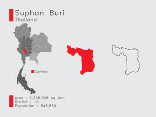 Fototapeta na wymiar Suphan Buri Position in Thailand A Set of Infographic Elements for the Province. and Area District Population and Outline. Vector with Gray Background.