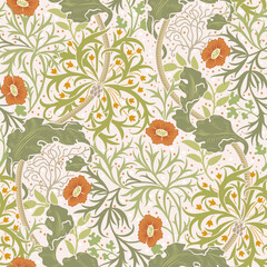 Floral seamless pattern with small orange flowers and green foliage on light background. Vector illustration.