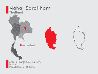 Maha Sarakham Position in Thailand A Set of Infographic Elements for the Province. and Area District Population and Outline. Vector with Gray Background.