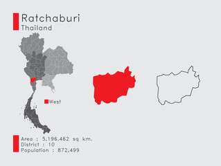 Ratchaburi Position in Thailand A Set of Infographic Elements for the Province. and Area District Population and Outline. Vector with Gray Background.