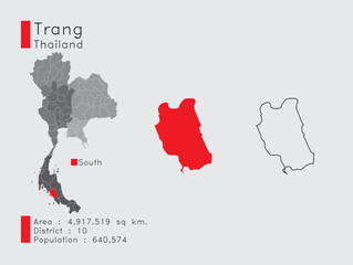 Trang Position in Thailand A Set of Infographic Elements for the Province. and Area District Population and Outline. Vector with Gray Background.