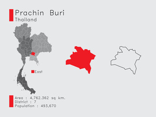 Prachin Buri Position in Thailand A Set of Infographic Elements for the Province. and Area District Population and Outline. Vector with Gray Background.