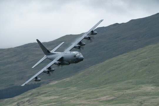C-130 Hercules Transport aircraft low flying in Mach Loop