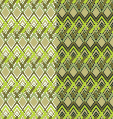 Geometric chevron seamless pattern, 70-s orient style, triangle shape, zigzag stripes, green tones color palette. Transparent background. Vector