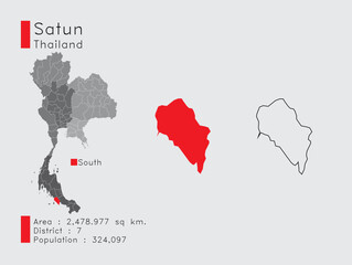 Fototapeta na wymiar Satun Position in Thailand A Set of Infographic Elements for the Province. and Area District Population and Outline. Vector with Gray Background.