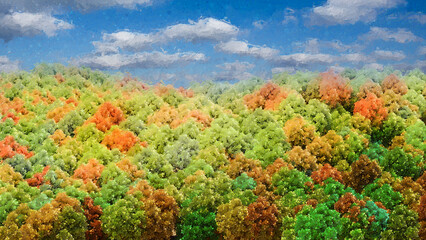 Forêt colorée en automne peinte à l'huile sur cadre. Rendu 3D.