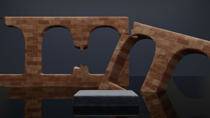 Product display - 1 item, concrete stand, ruined brick wall, black water