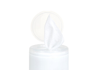Close up on top of a white pop up disinfecting wipes container, isolated on white. horizontal presentation.